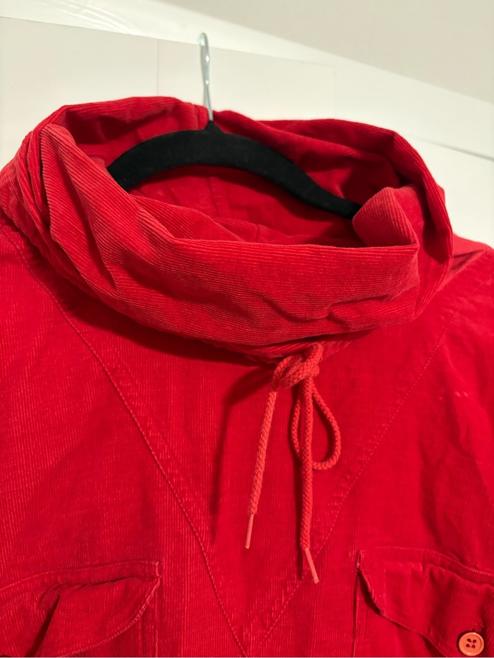 Women's Vintage Red Corduroy Long-Sleeve Dress with Funnel Neck - Picture 3 of 6